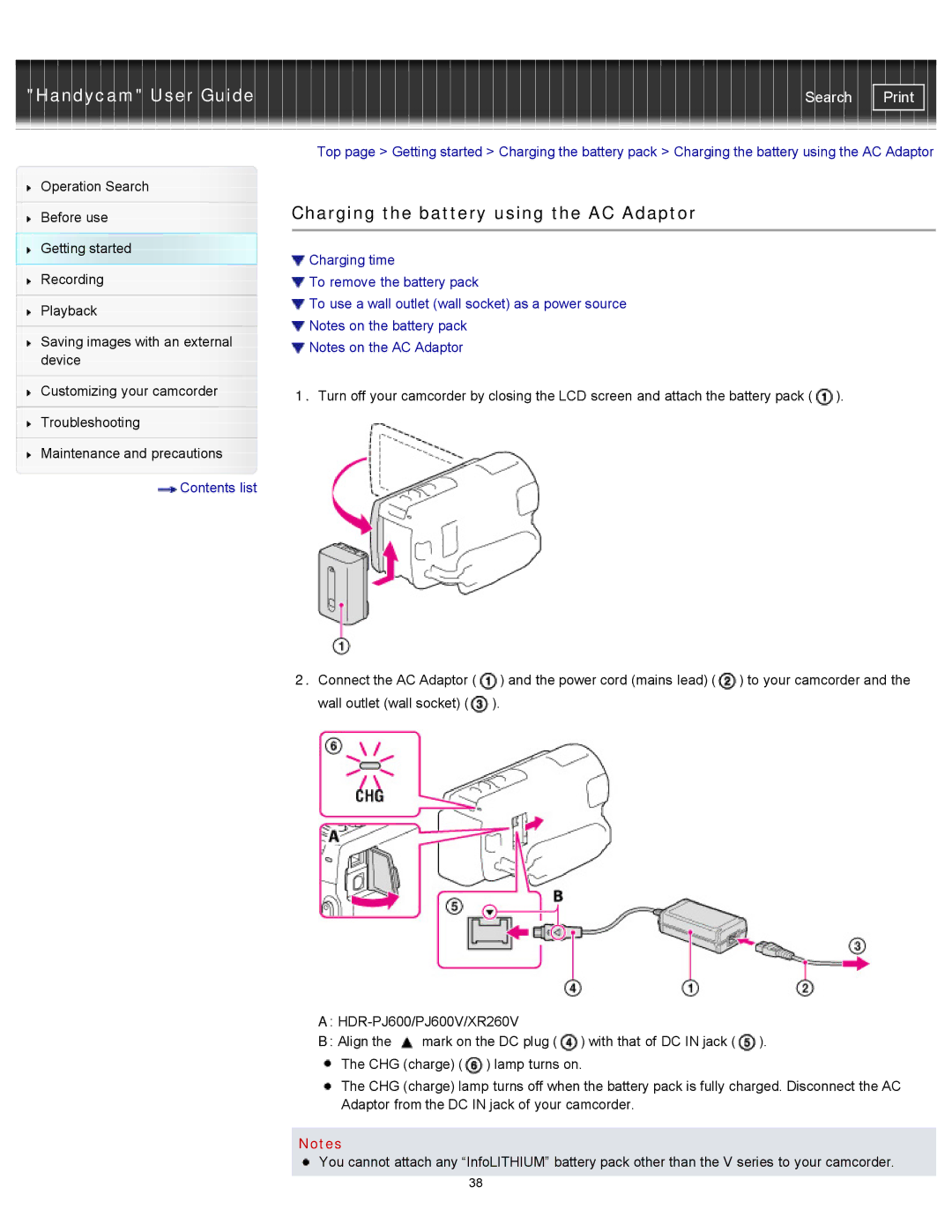 Sony HDR-CX260V/B, XR260V, HDR-PJ600V, HDR-PJ580V, HDR-CX580V, HDR-CX250, HDR-PJ260V Charging the battery using the AC Adaptor 