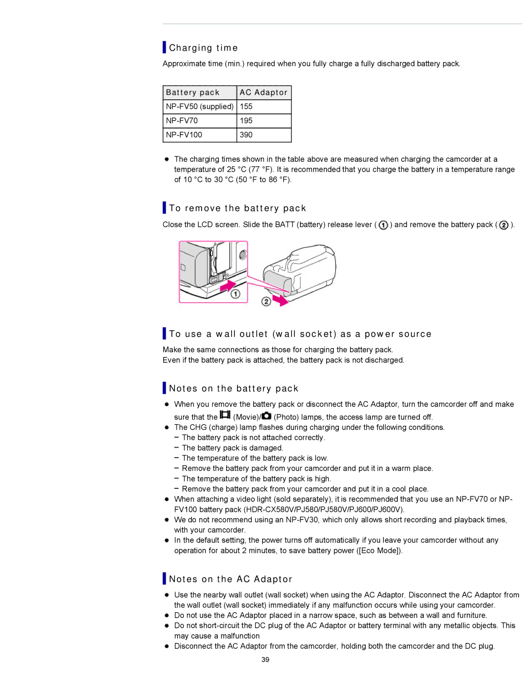 Sony HDR-CX580V, XR260V manual Charging time, To remove the battery pack, To use a wall outlet wall socket as a power source 