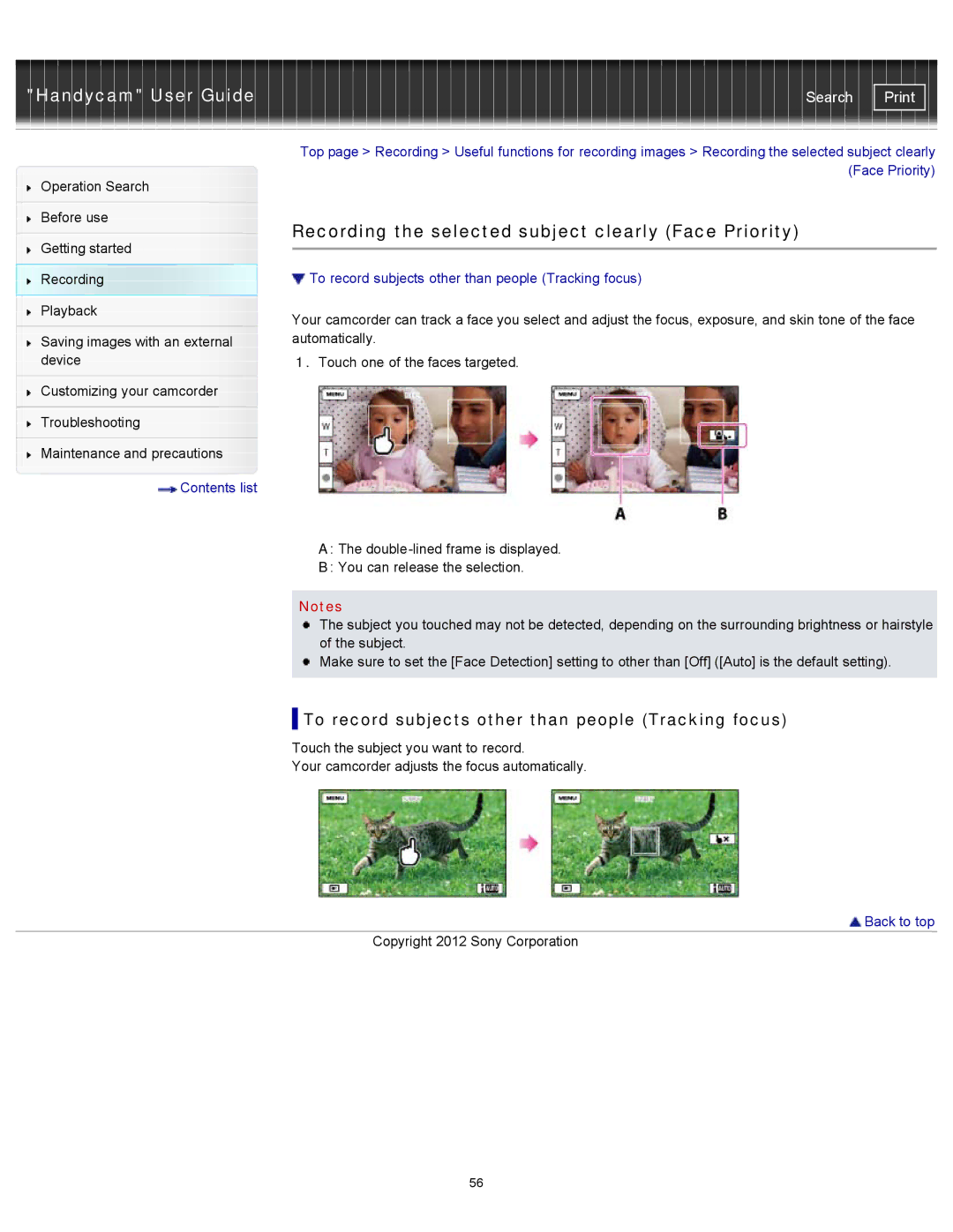 Sony HDR-PJ600V Recording the selected subject clearly Face Priority, To record subjects other than people Tracking focus 