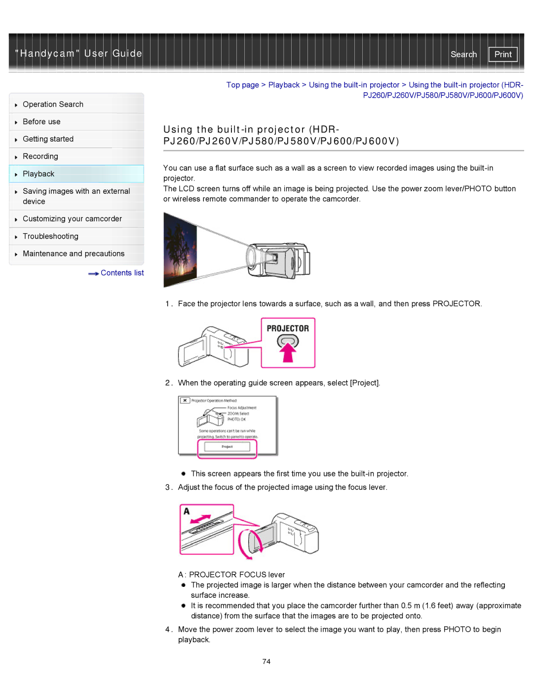 Sony HDR-CX250, XR260V, HDR-PJ600V, HDR-PJ580V, HDR-CX260V/B, HDR-CX580V, HDR-PJ260V manual Search Print 