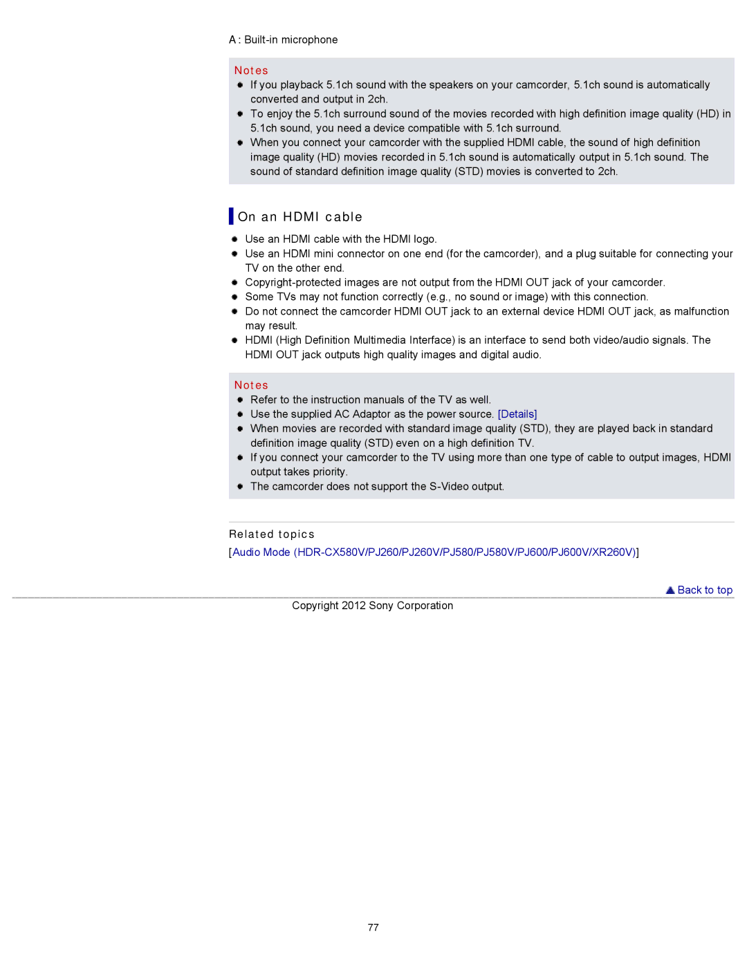 Sony XR260V, HDR-PJ600V, HDR-PJ580V, HDR-CX260V/B, HDR-CX580V, HDR-CX250, HDR-PJ260V manual On an Hdmi cable, Related topics 