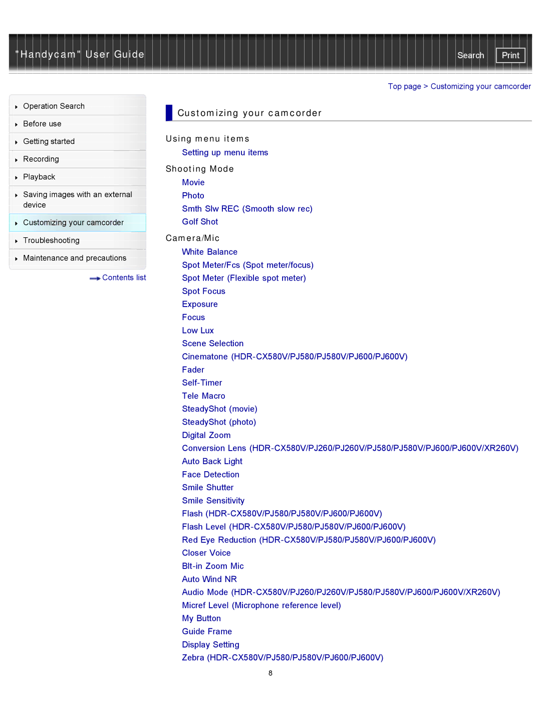 Sony HDR-CX250, XR260V, HDR-PJ600V, HDR-PJ580V manual Customizing your camcorder, Using menu items, Shooting Mode, Camera/Mic 