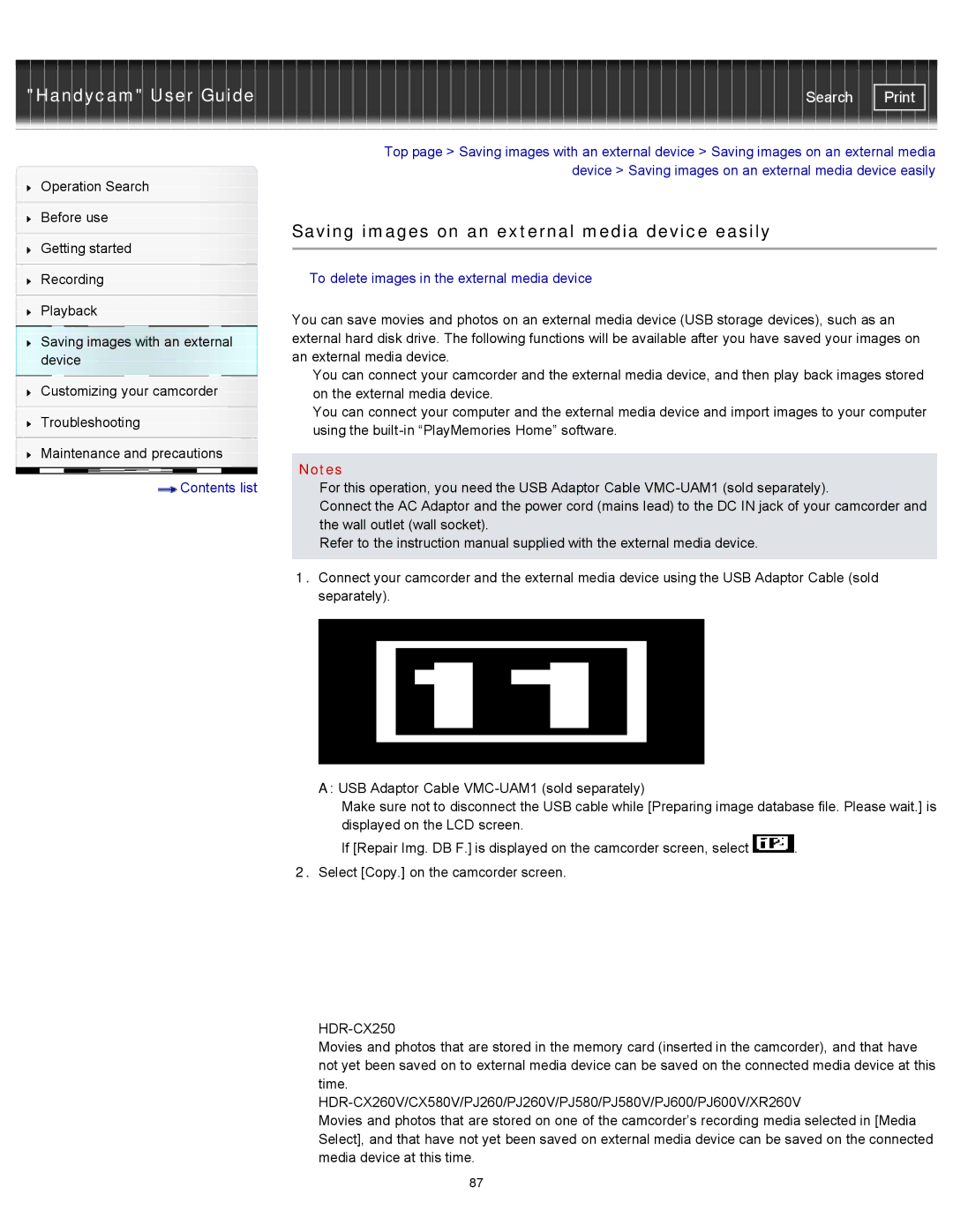 Sony HDR-PJ260, XR260V Saving images on an external media device easily, To delete images in the external media device 