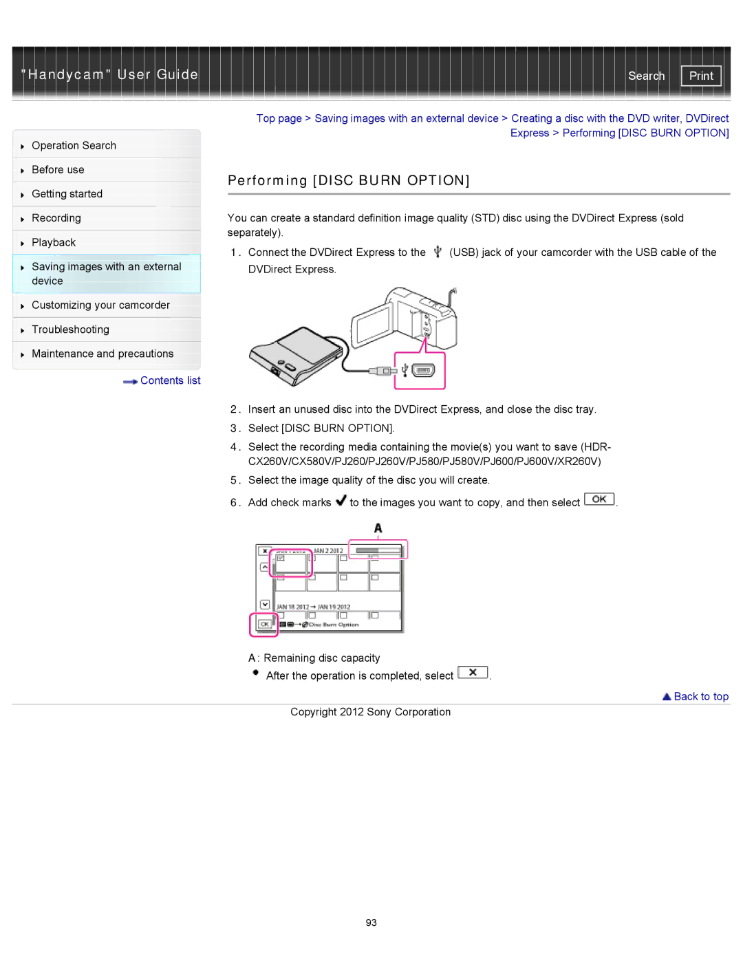 Sony HDR-CX260V/B, XR260V, HDR-PJ600V, HDR-PJ580V, HDR-CX580V, HDR-CX250, HDR-PJ260V manual Performing Disc Burn Option 