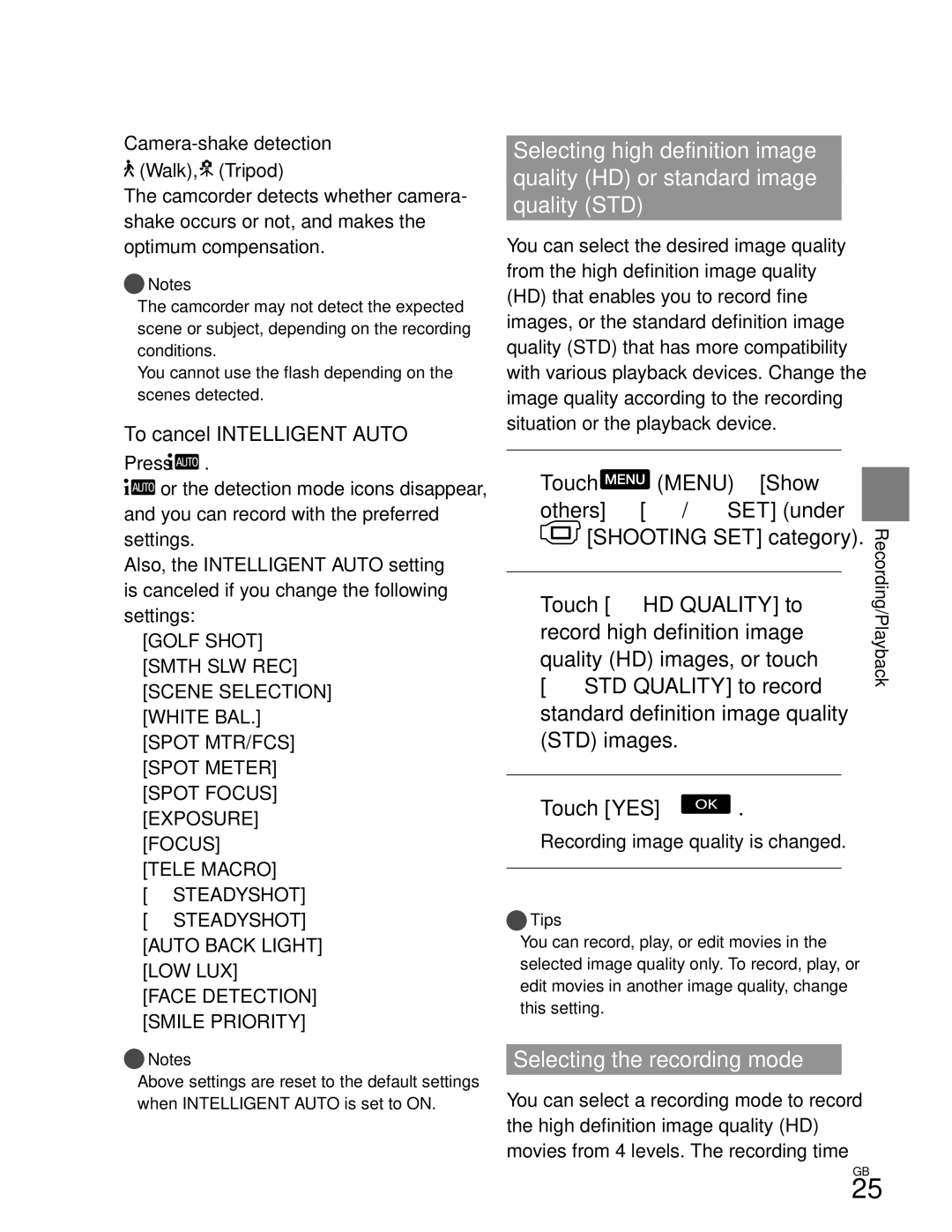 Sony CX370 Selecting the recording mode, Touch, Show Others SET under Shooting SET category, To cancel Intelligent Auto 