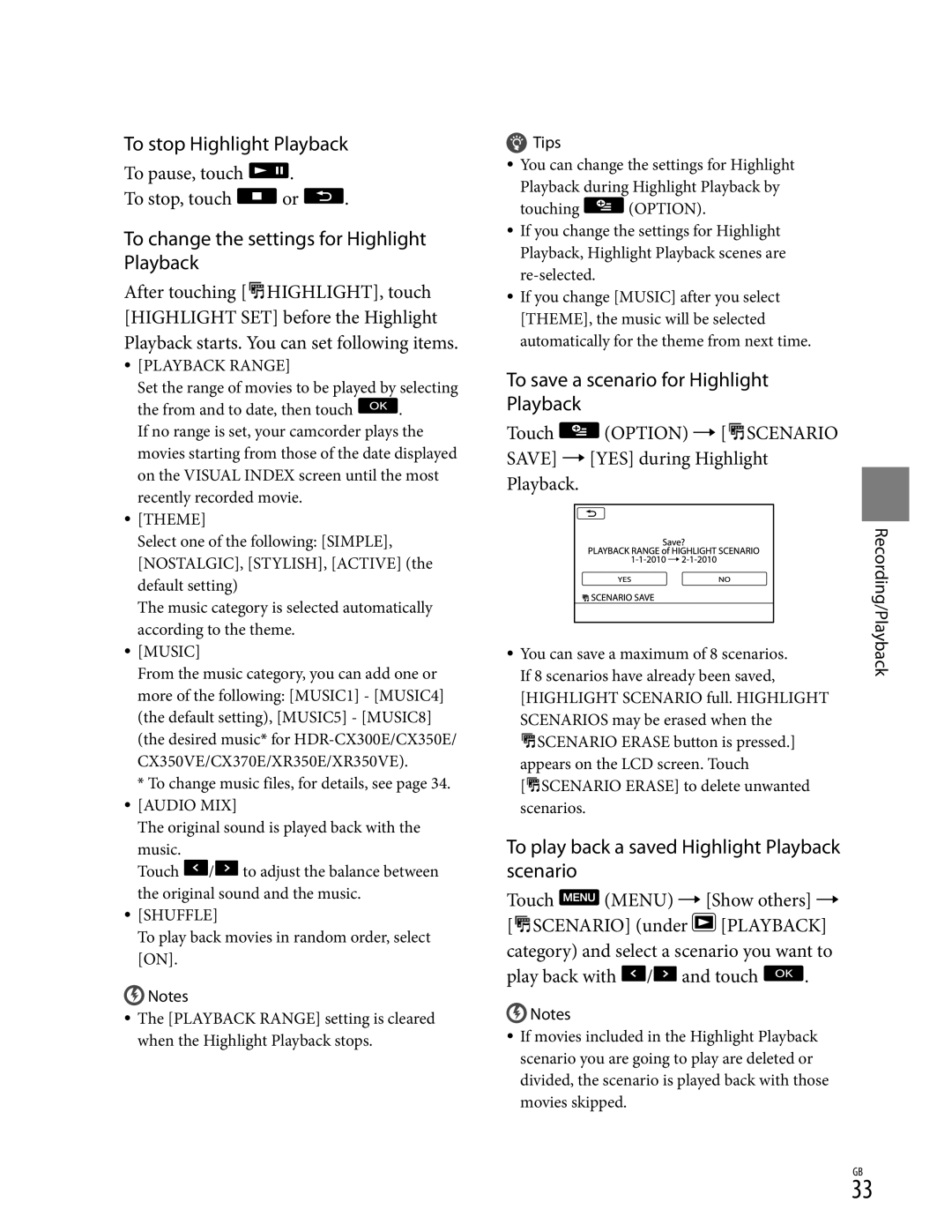 Sony XR350V, CX350V, CX370 manual To stop Highlight Playback, To change the settings for Highlight Playback 