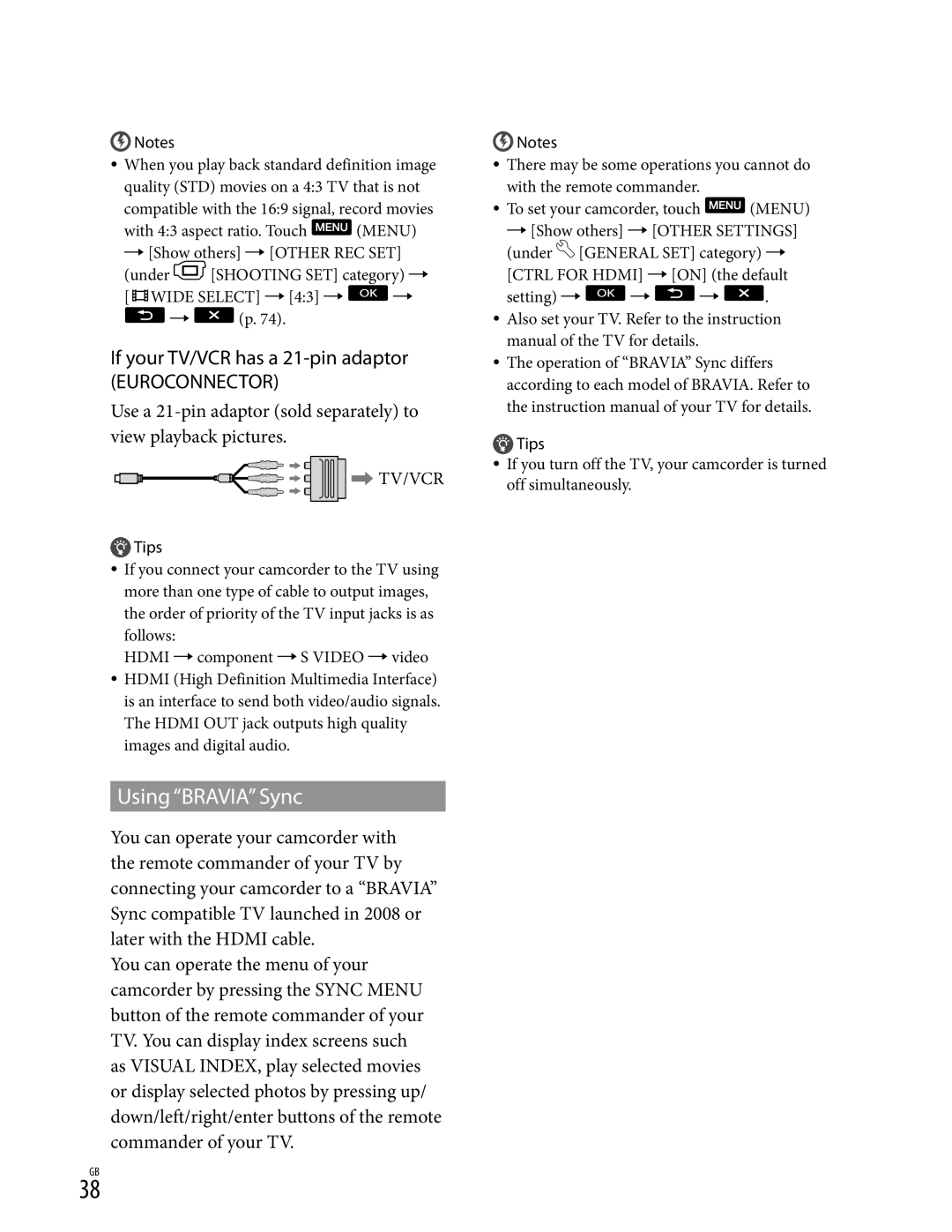 Sony XR350V, CX350V, CX370 manual Using Bravia Sync, If your TV/VCR has a 21-pin adaptor, Tv/Vcr 