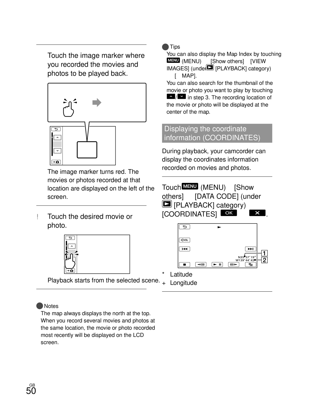 Sony CX370, XR350V Displaying the coordinate Information Coordinates, Touch the desired movie or photo, Playback category 