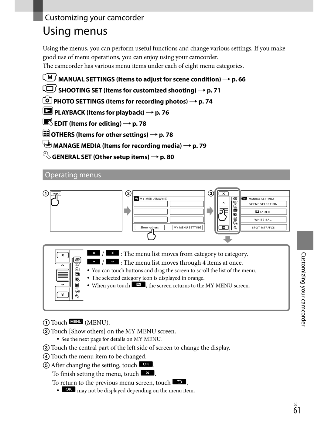 Sony XR350V, CX350V, CX370 manual Using menus, Operating menus 