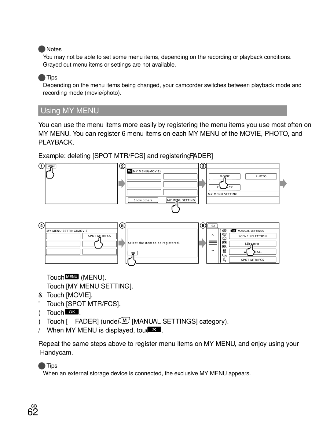 Sony XR350V, CX350V, CX370 manual Using MY Menu 