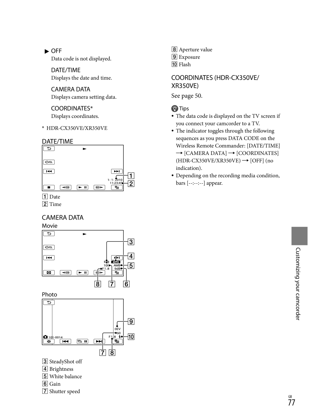 Sony XR350V, CX350V, CX370 manual Camera Data, Movie Photo 