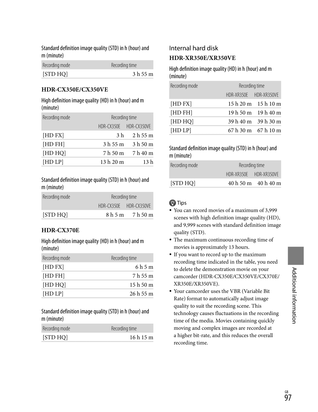 Sony XR350V, CX350V, CX370 manual Internal hard disk, Recording mode 