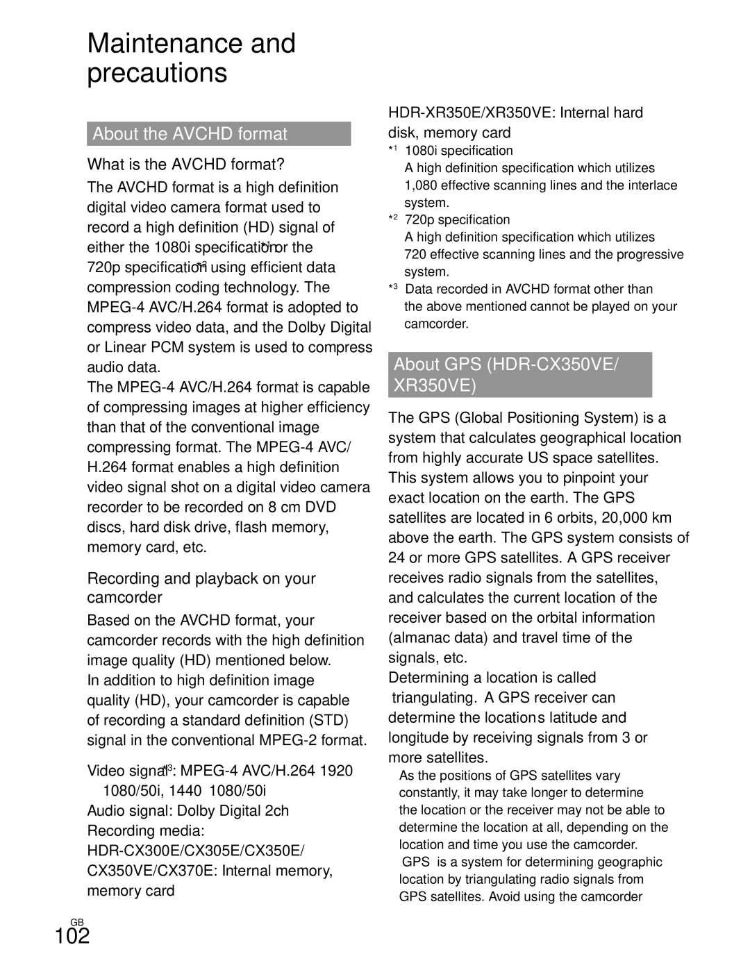 Sony CX370 manual Maintenance and precautions, 102, About the Avchd format, About GPS HDR-CX350VE XR350VE 