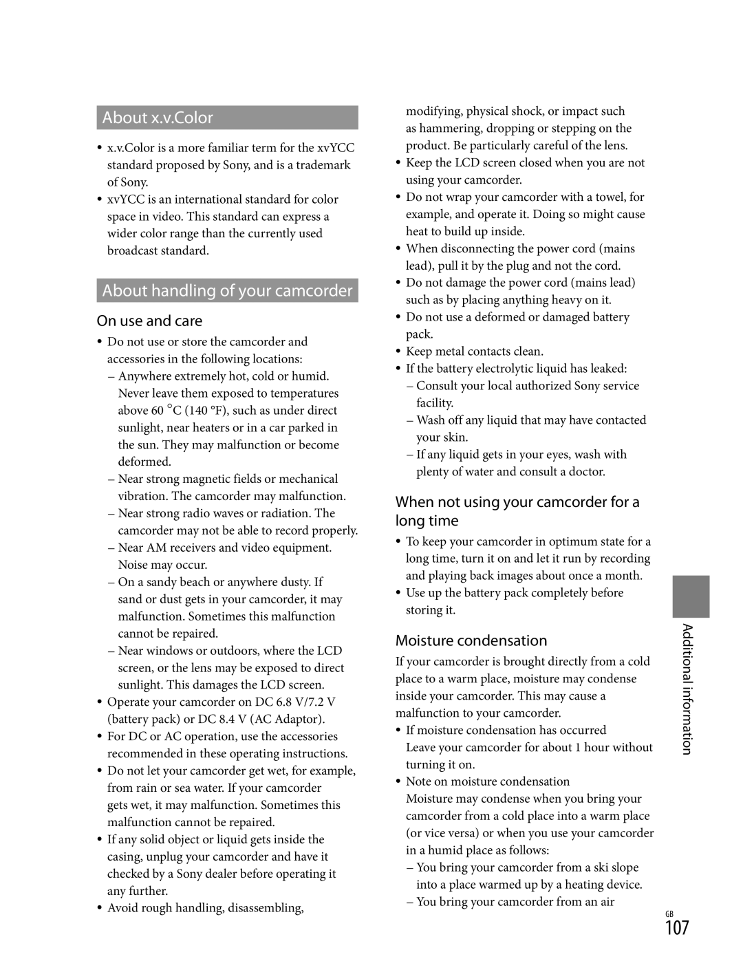 Sony XR350V, CX350V, CX370 manual 107, About x.v.Color, About handling of your camcorder, Moisture condensation 