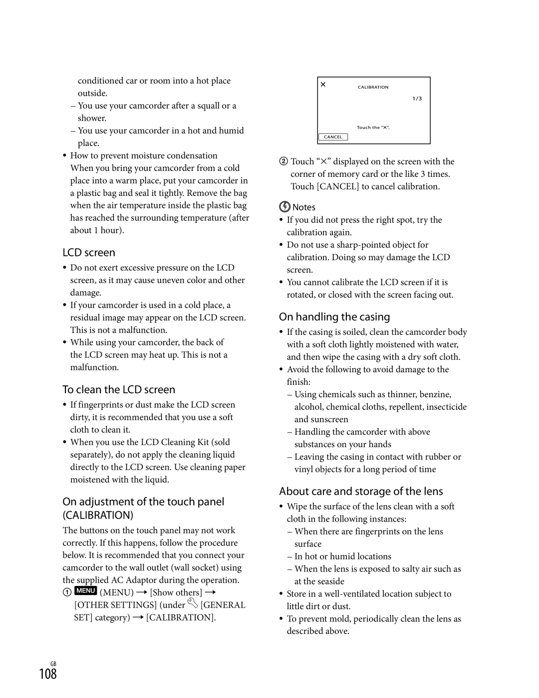 Sony XR350V, CX350V, CX370 manual 108, On adjustment of the touch panel 