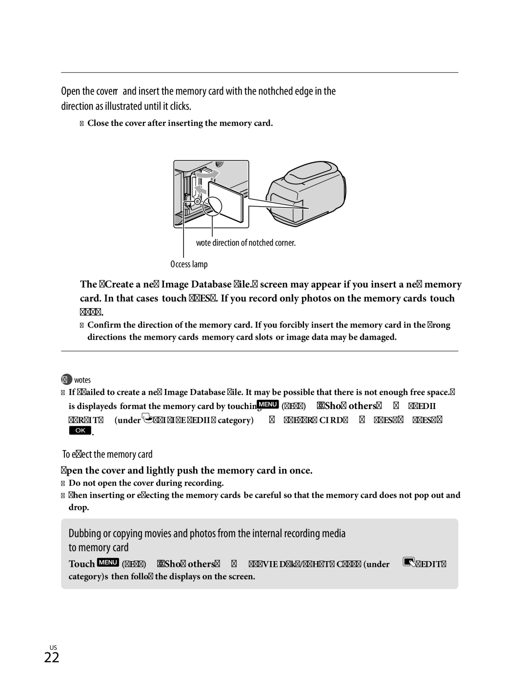 Sony CX350V To eject the memory card, Open the cover and lightly push the memory card in once, Touch Menu Show others 