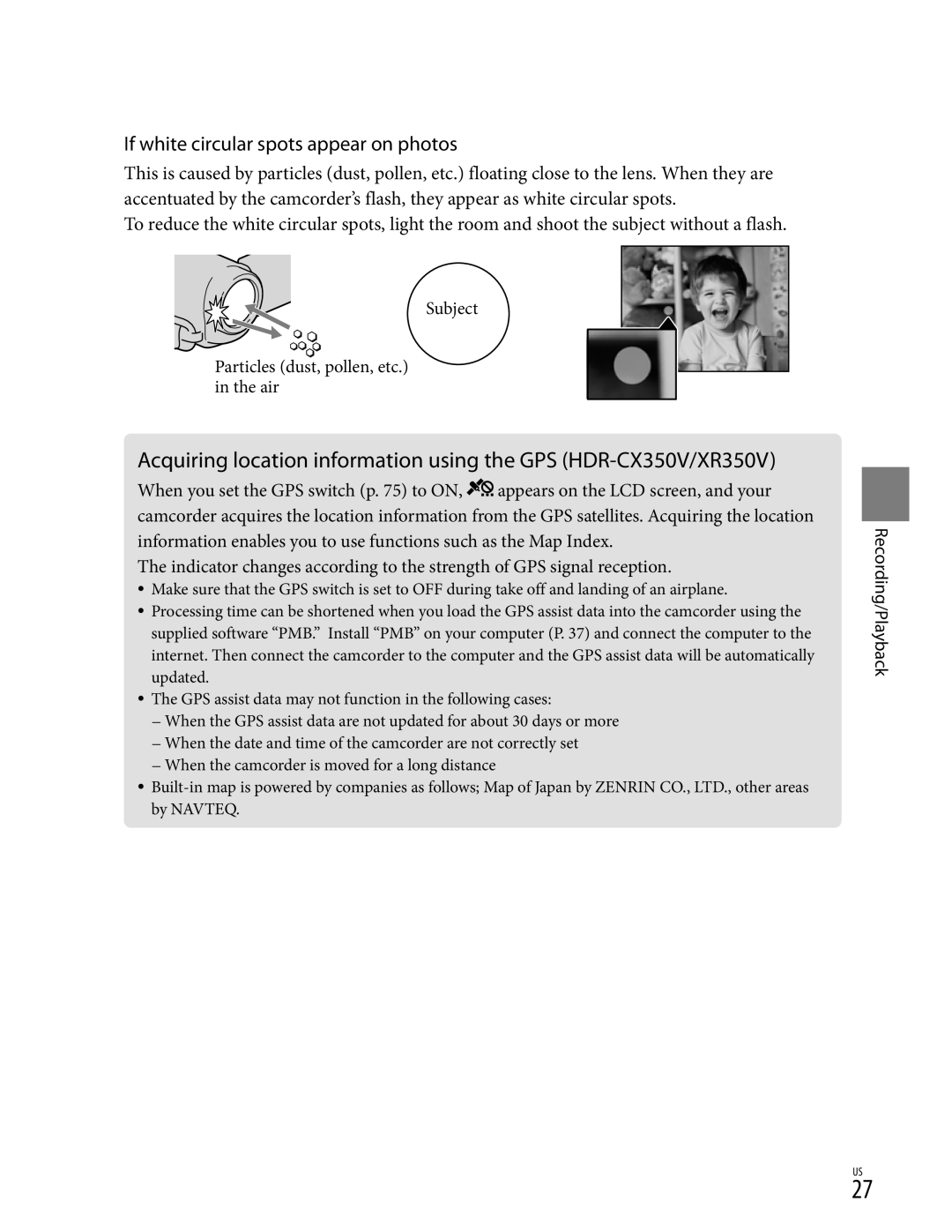 Sony CX350V, XR350V, CX370 manual If white circular spots appear on photos, Subject Particles dust, pollen, etc. in the air 