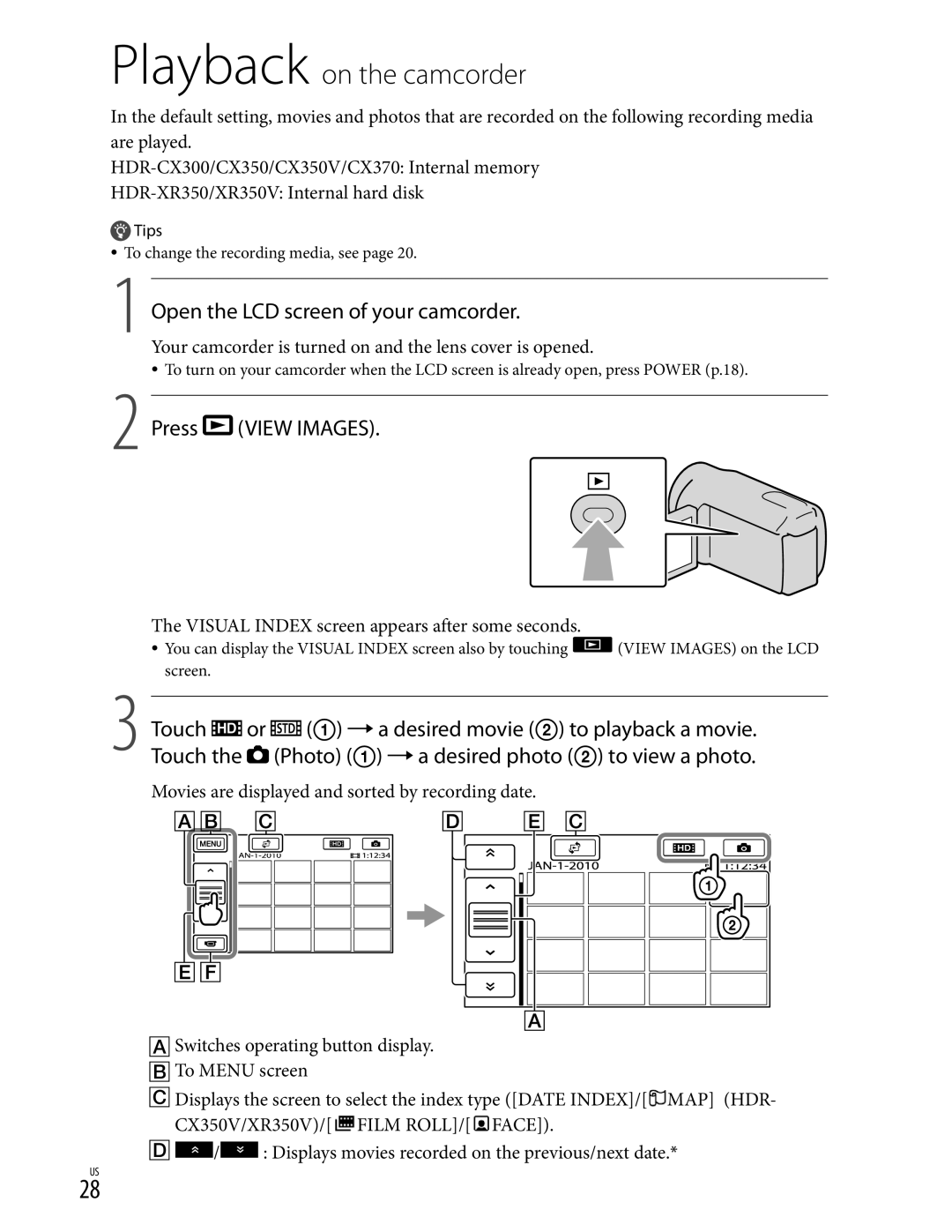 Sony CX370, XR350V, CX350V manual Press View Images, Visual Index screen appears after some seconds 