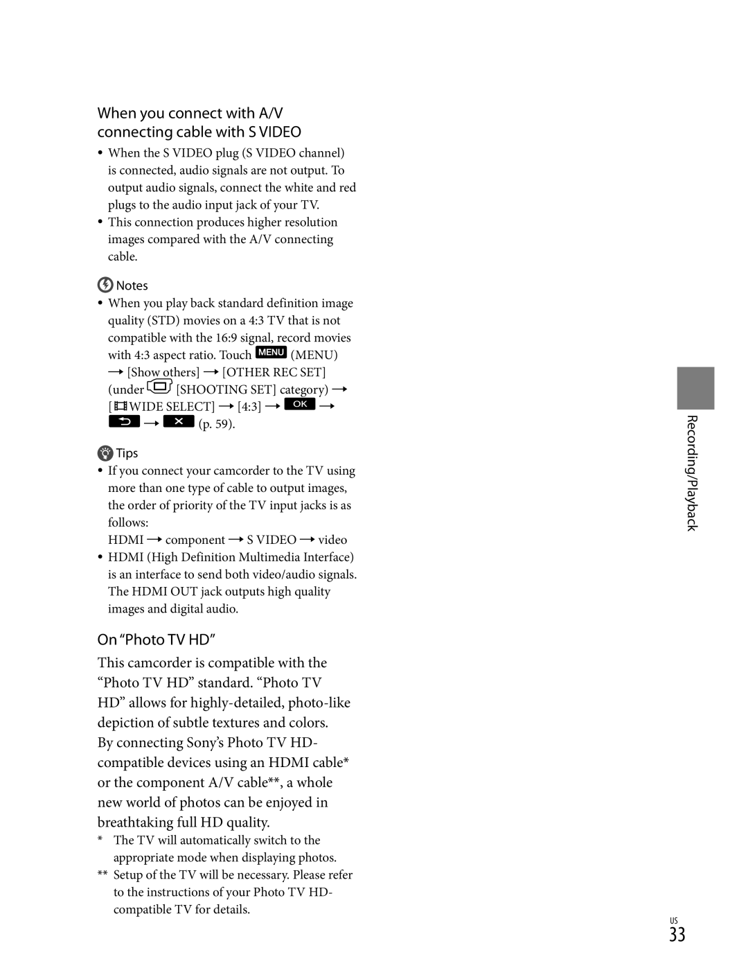 Sony CX370, XR350V, CX350V manual On Photo TV HD, When you connect with A/V connecting cable with S Video 