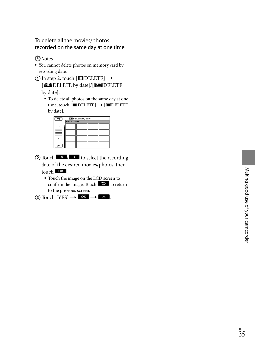 Sony XR350V, CX350V, CX370 manual touch, Delete by date, By date, Touch YES, Making good use of your camcorder 