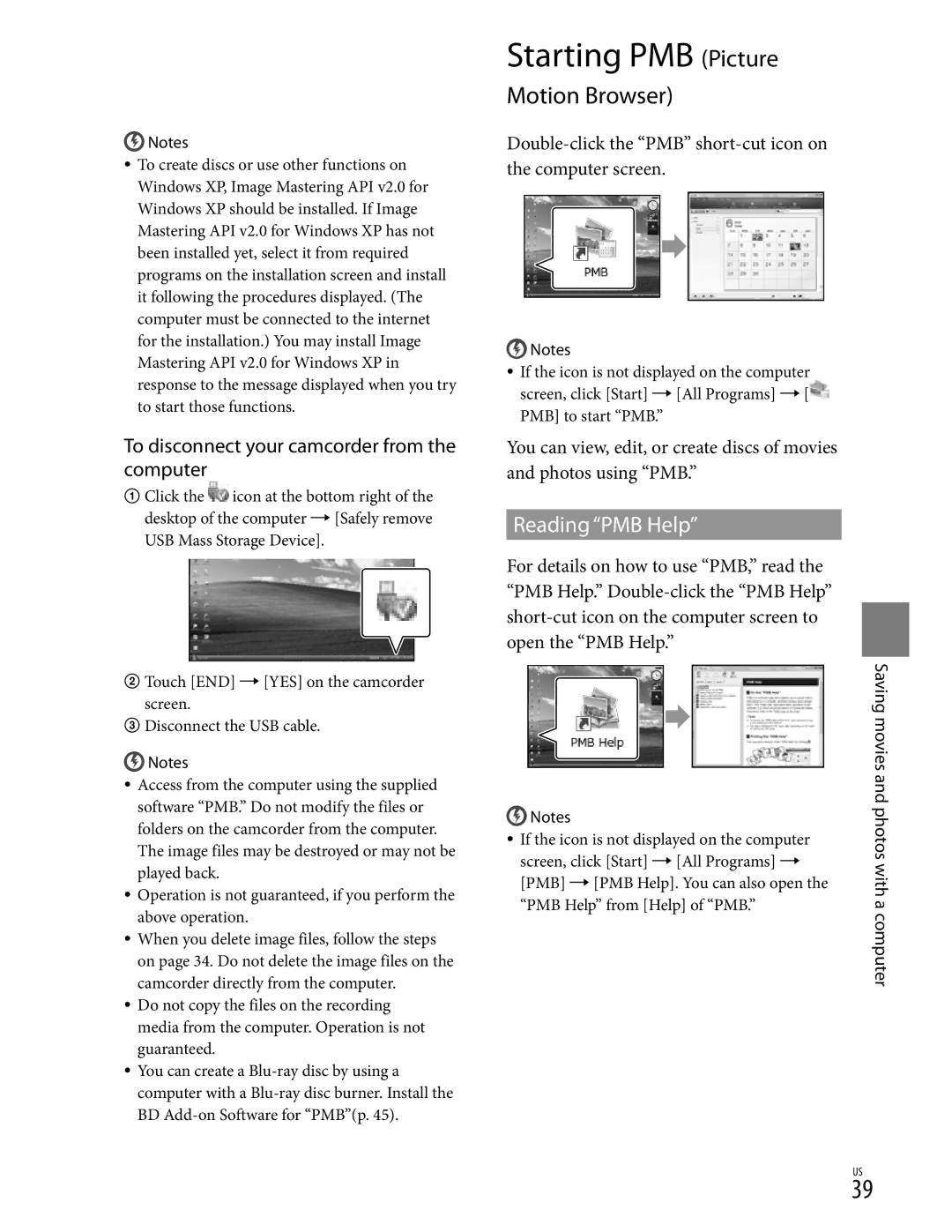 Sony XR350V, CX350V, CX370 manual Starting PMB Picture, Reading PMB Help, To disconnect your camcorder from the computer 