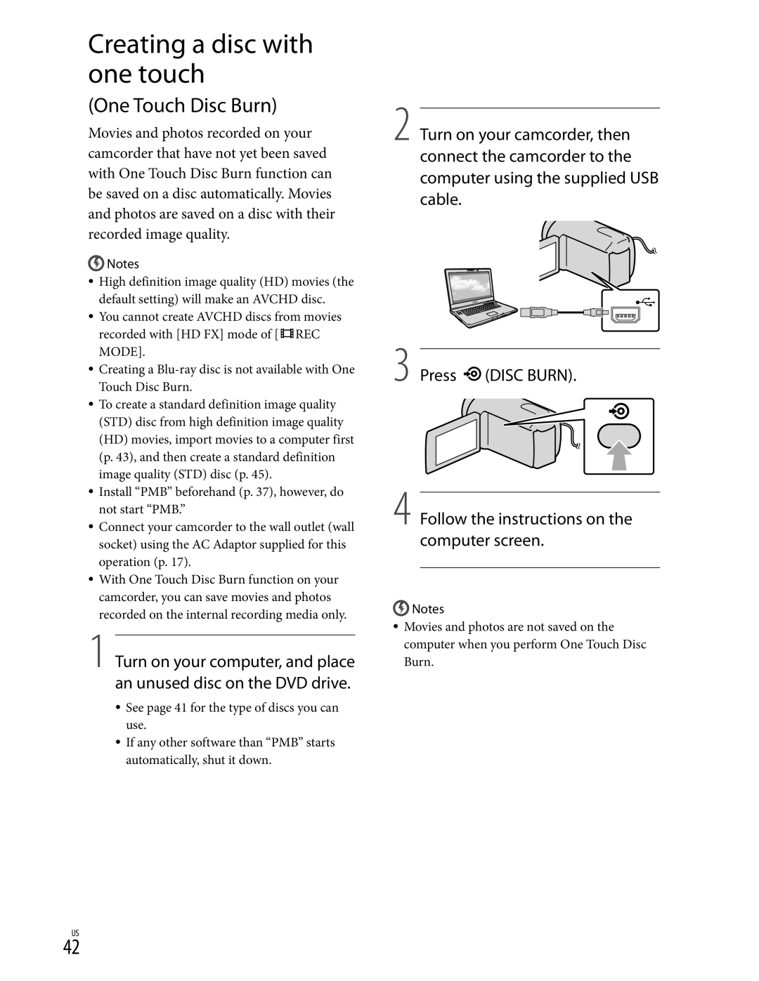 Sony CX350V, XR350V, CX370 manual Creating a disc with one touch, One Touch Disc Burn 