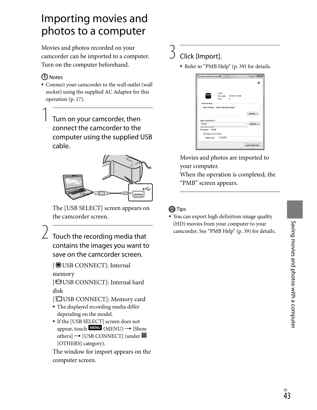 Sony CX370, XR350V manual Click Import, USB Select screen appears on the camcorder screen, Movies and photos with a computer 
