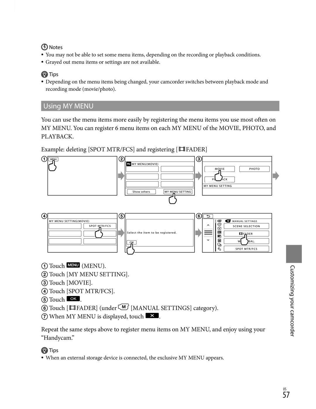 Sony CX350V, XR350V, CX370 manual Using MY Menu, Example deleting Spot MTR/FCS and registering, Customizing your camcorder 