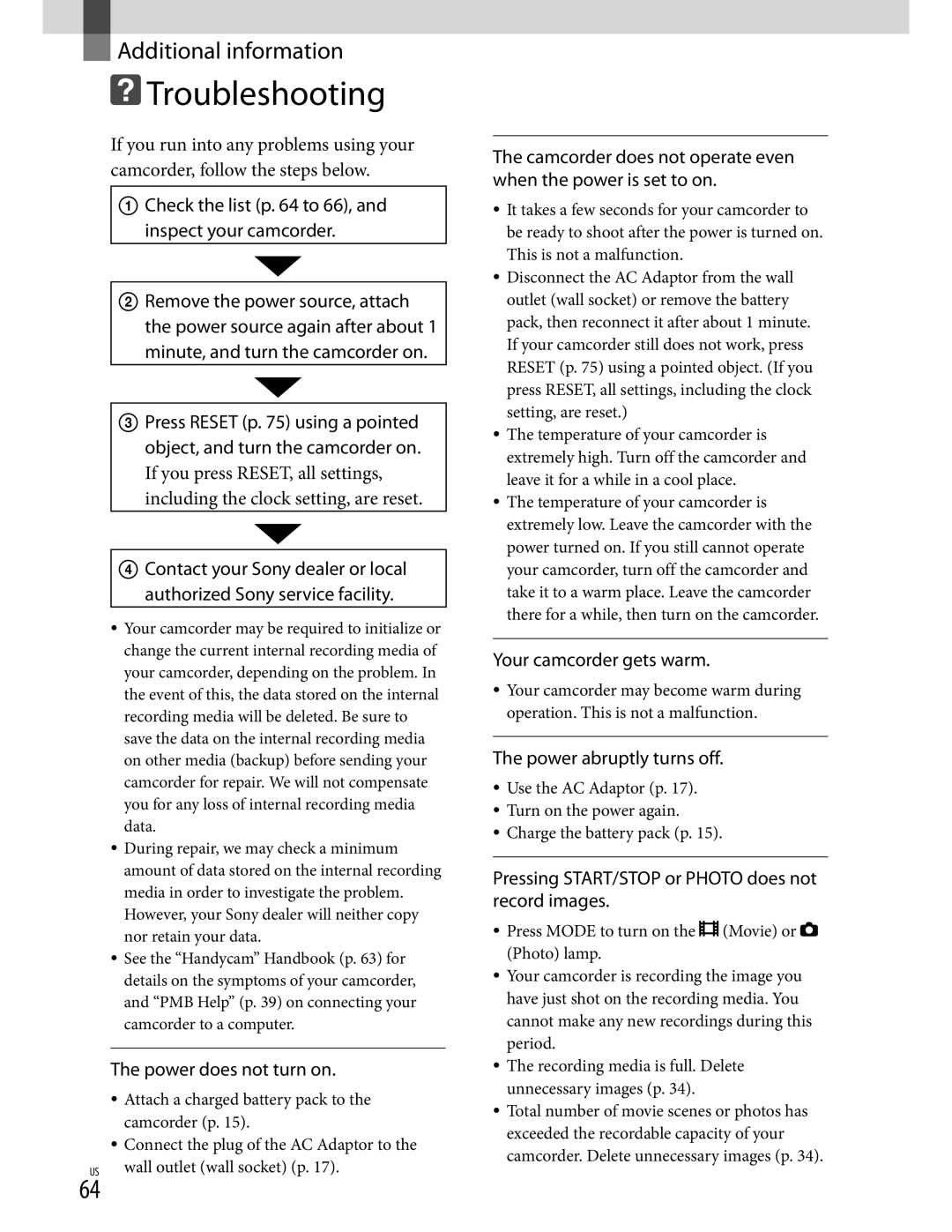 Sony XR350V, CX350V, CX370 manual Troubleshooting 