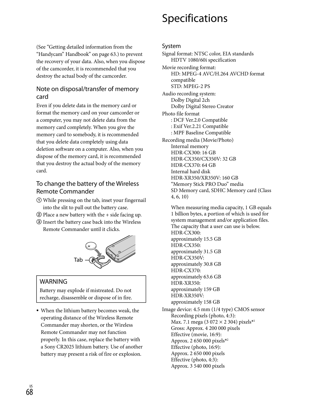 Sony CX370, XR350V, CX350V manual Specifications, To change the battery of the Wireless Remote Commander, System, Tab 