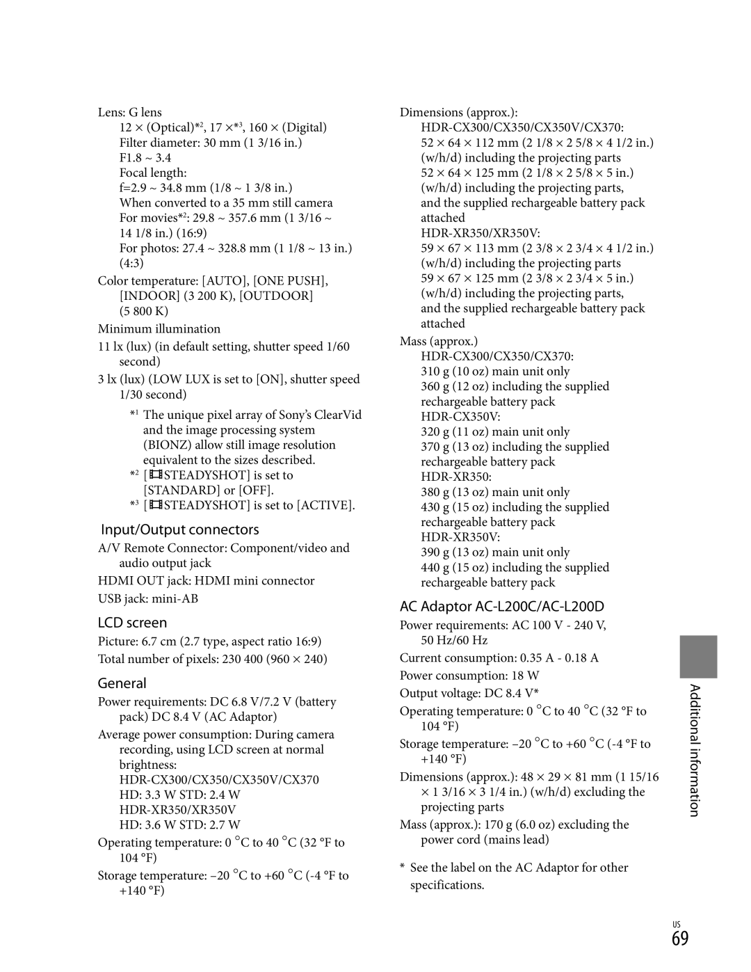 Sony XR350V, CX350V, CX370 manual Input/Output connectors, General, AC Adaptor AC-L200C/AC-L200D 