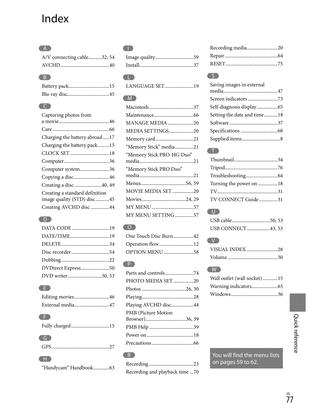 Sony CX350V, XR350V, CX370 manual Index, Capturing photos from 