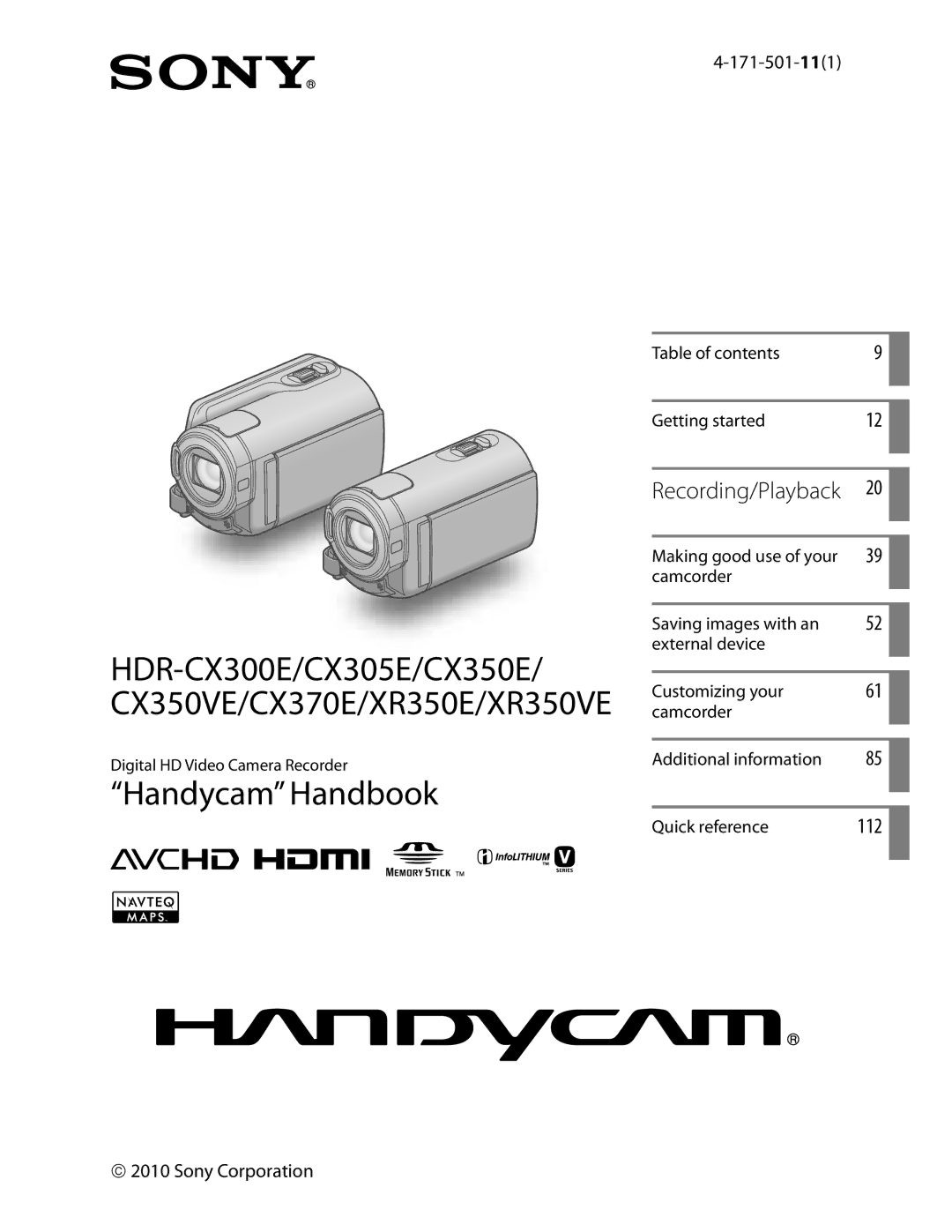 Sony XR350V, CX350V, CX370 Recording/Playback, 112, 171-501-111, Sony Corporation, Table of contents Getting started 