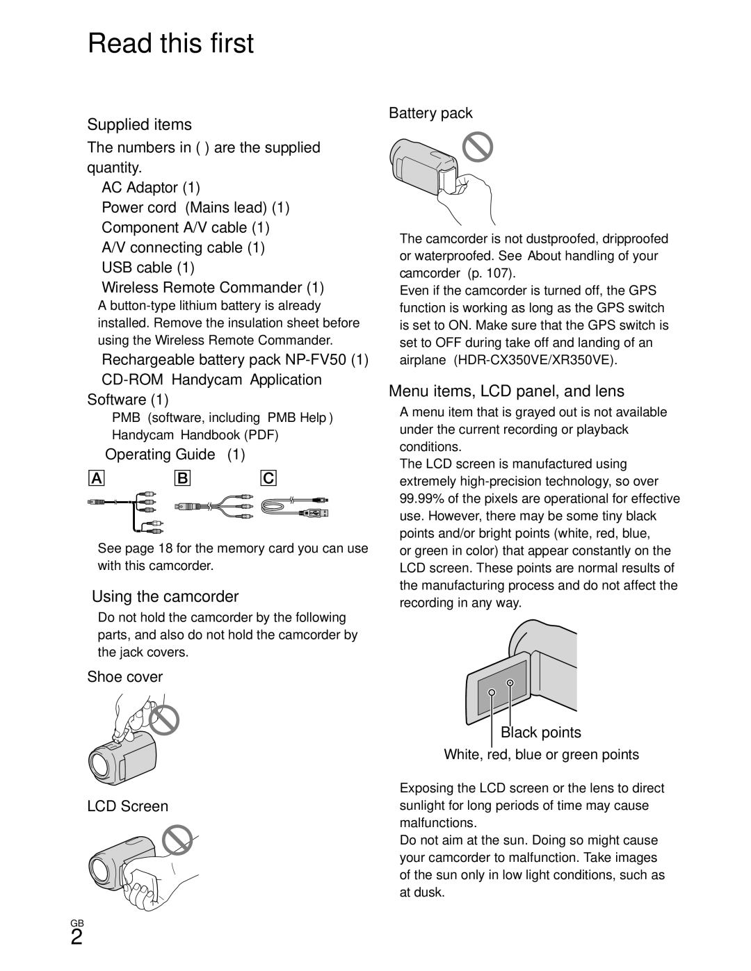 Sony XR350V, CX350V, CX370 manual Read this first 