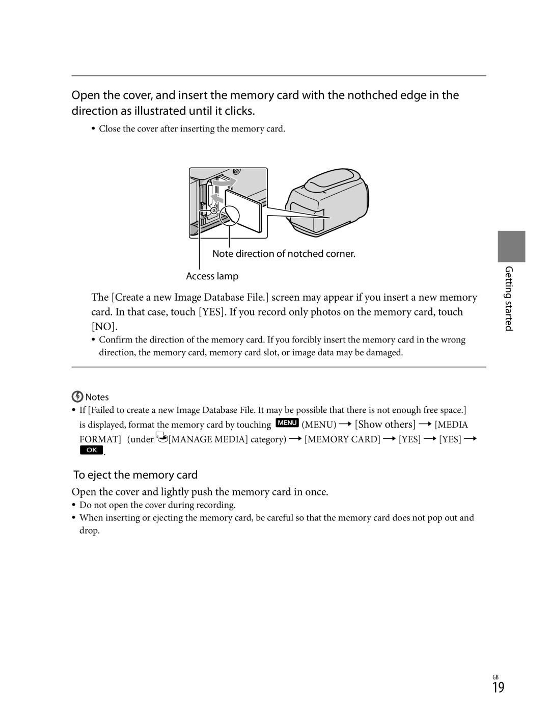 Sony CX350V, XR350V, CX370 manual To eject the memory card 