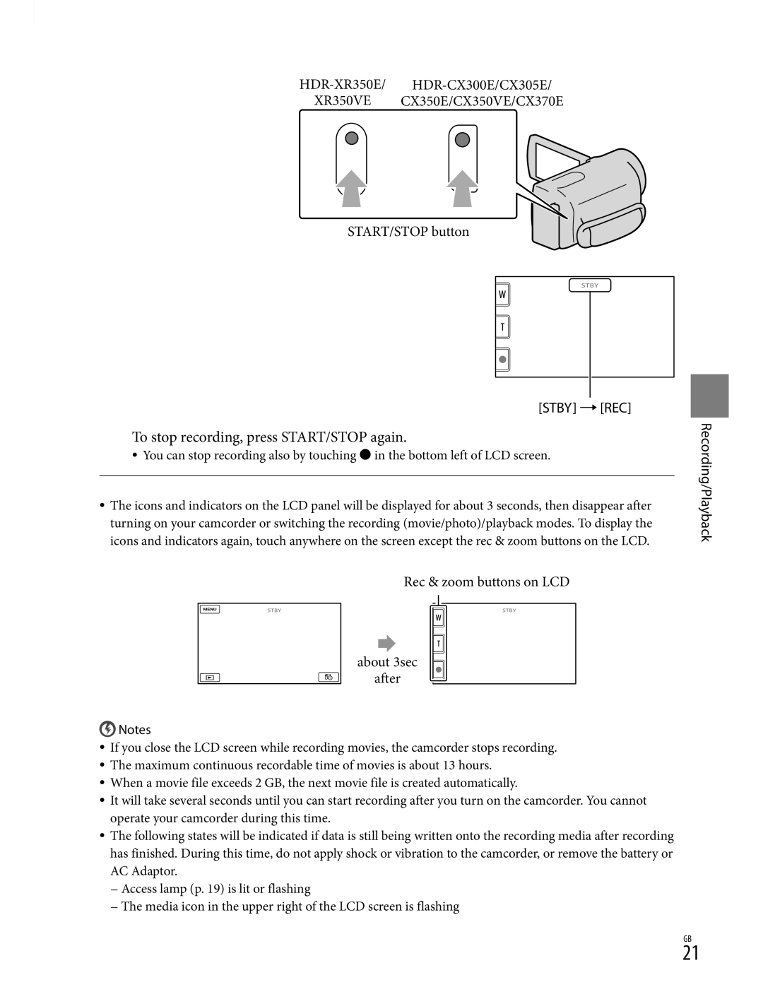 Sony XR350V, CX350V, CX370 manual To stop recording, press START/STOP again 