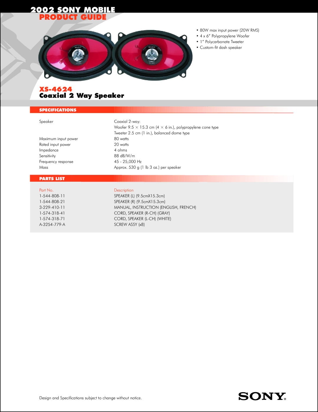 Sony XS-4624 specifications Sony Mobile, Product Guide, Coaxial 2 Way Speaker 