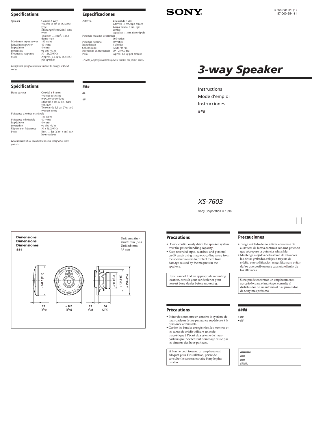 Sony XS-7603 specifications Specifications, Especificaciones, Spécifications ###, PrecautionsPrecauciones 