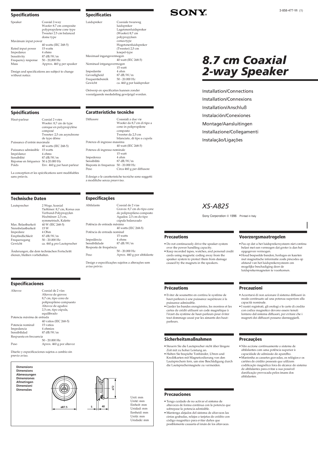 Sony XS-A825 specifications Specifications Specificaties, Spécifications, Caratteristiche tecniche, Technische Daten 