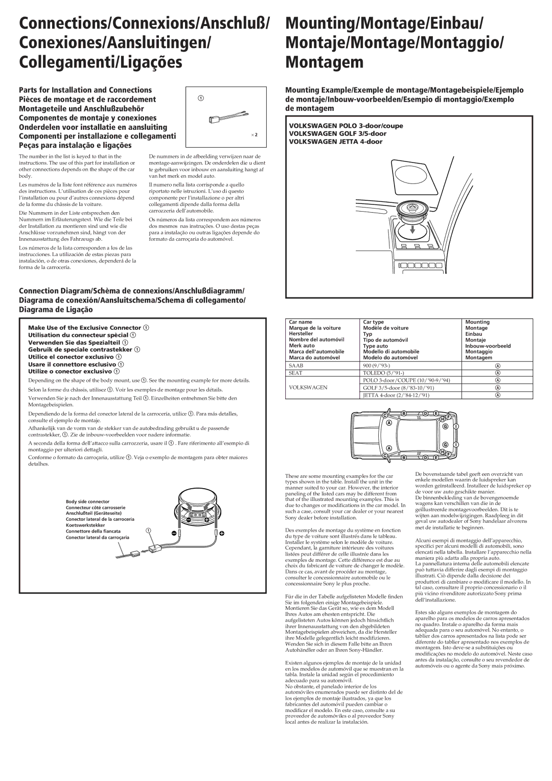 Sony XS-A825 Conexiones/Aansluitingen Collegamenti/Ligações, Mounting/Montage/Einbau Montaje/Montage/Montaggio Montagem 