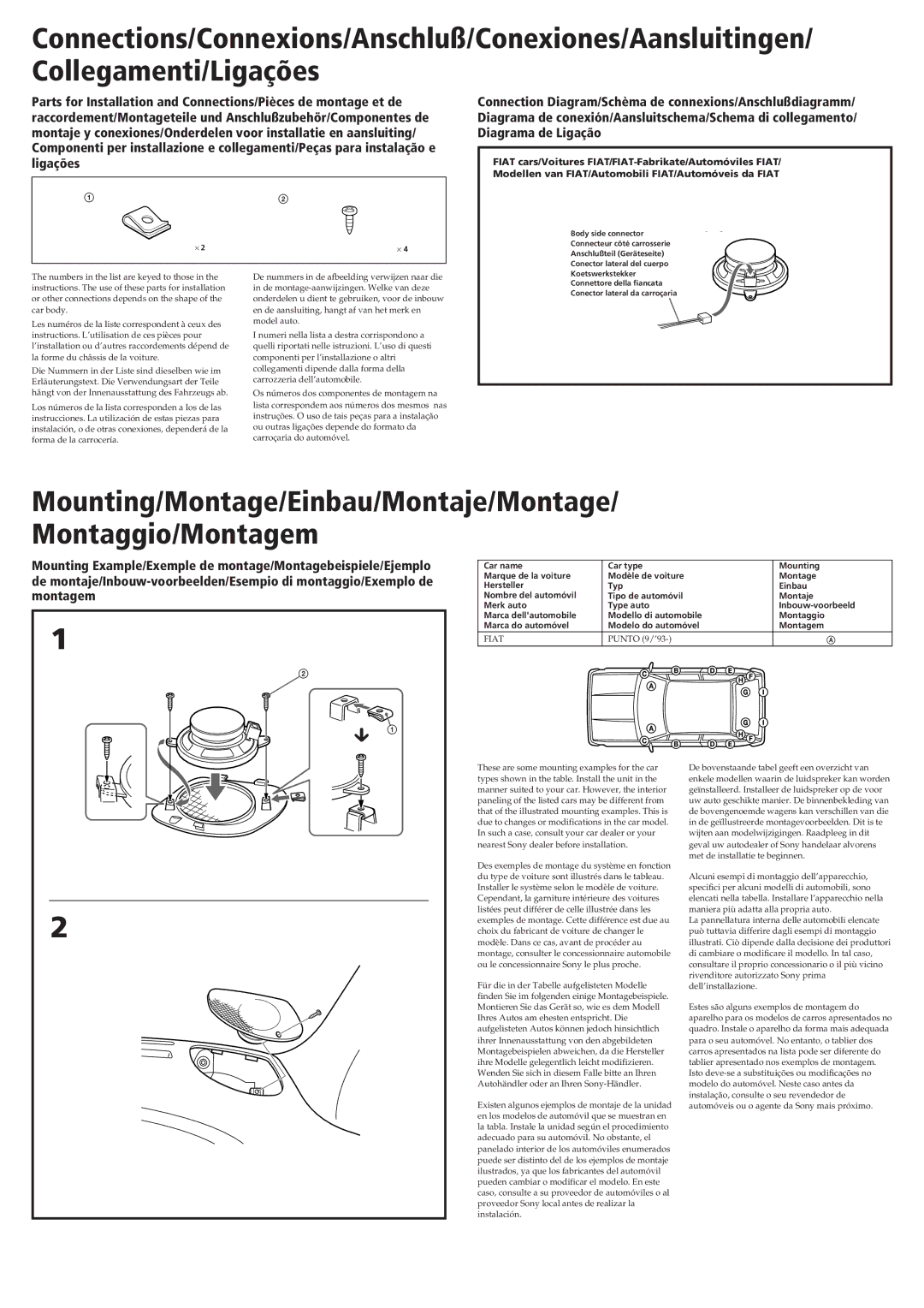 Sony XS-A82P specifications Mounting/Montage/Einbau/Montaje/Montage Montaggio/Montagem 