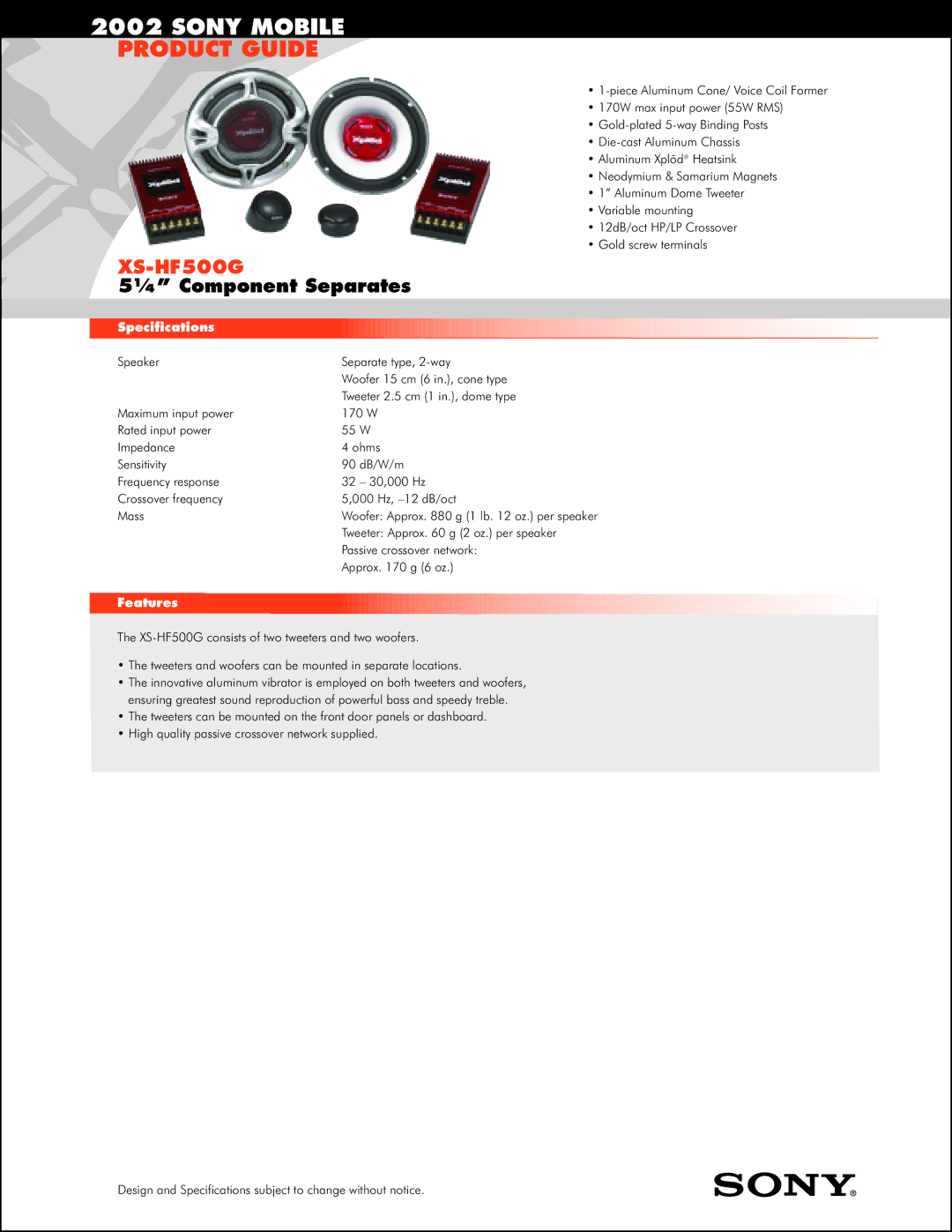 Sony XS-HF500G specifications Sony Mobile, Product Guide, ¼ Component Separates 