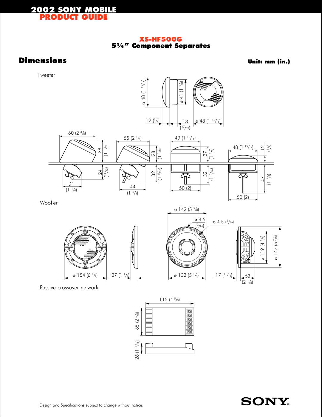 Sony XS-HF500G specifications Dimensions, Tweeter, Woof er, Passive crossover network, Unit mm 