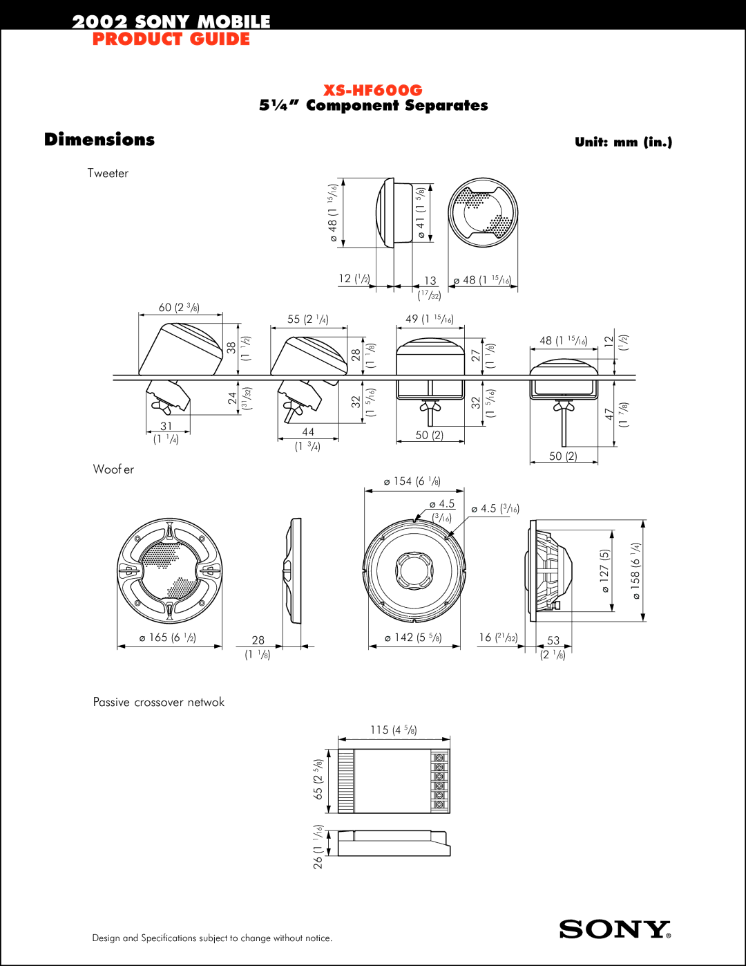 Sony XS-HF600G specifications Dimensions, Tweeter, Passive crossover netwok, Unit mm 