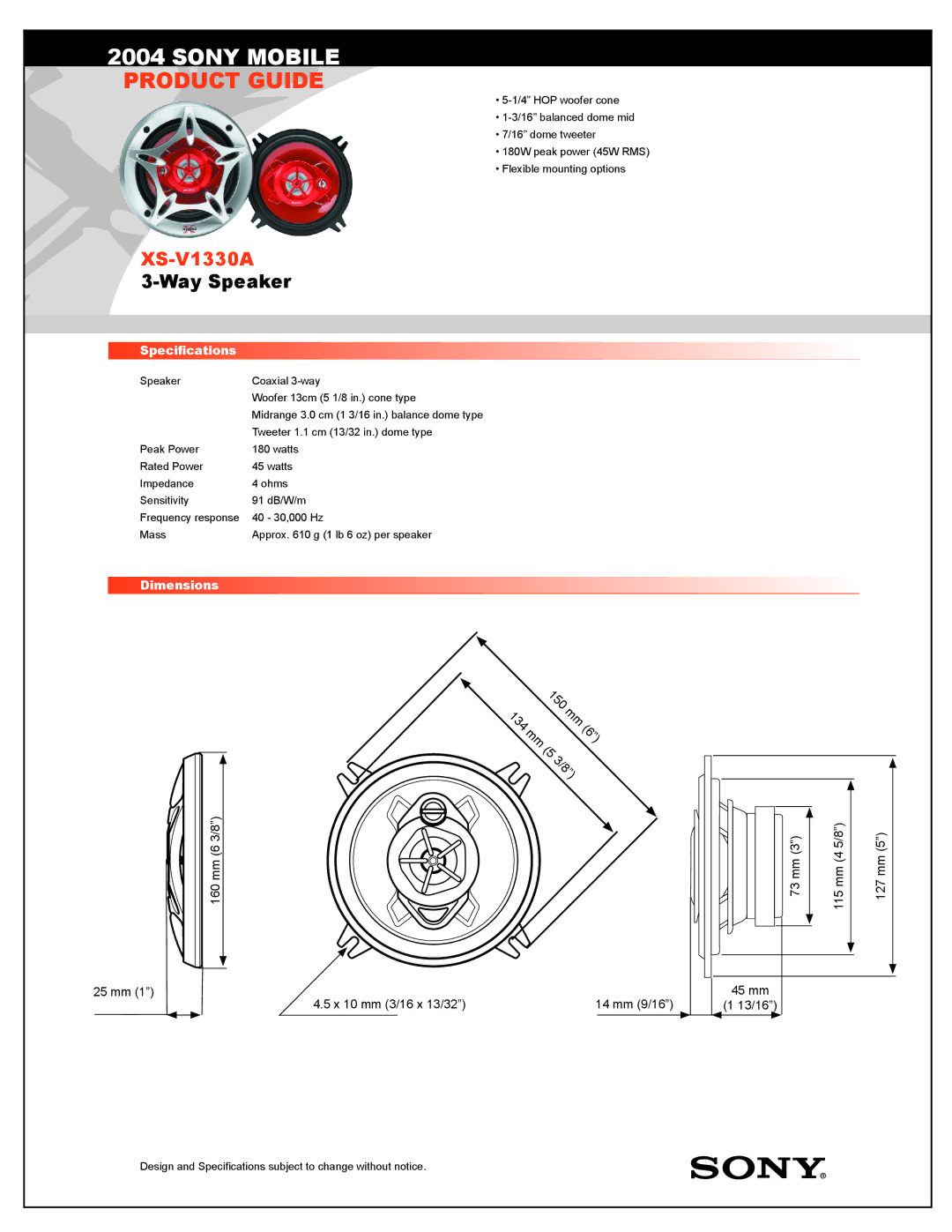 Sony XS-V1330A specifications Sony Mobile, Product Guide, Way Speaker, mm Mm 6 