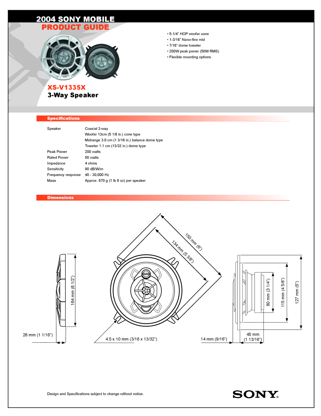 Sony XS-V1335X specifications Sony Mobile, Product Guide, Way Speaker 