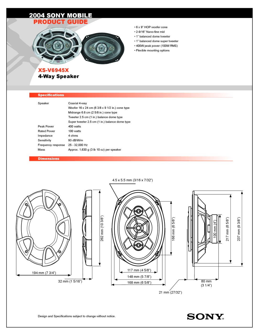 Sony XS-V6945X specifications Sony Mobile, Product Guide, Way Speaker 