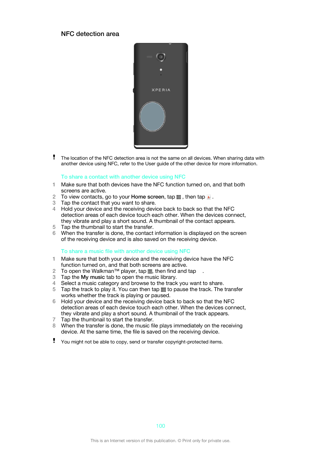 Sony XSPC5306BK, 1271-4775, 1271-4771, 1271-4777 NFC detection area, To share a contact with another device using NFC, 100 