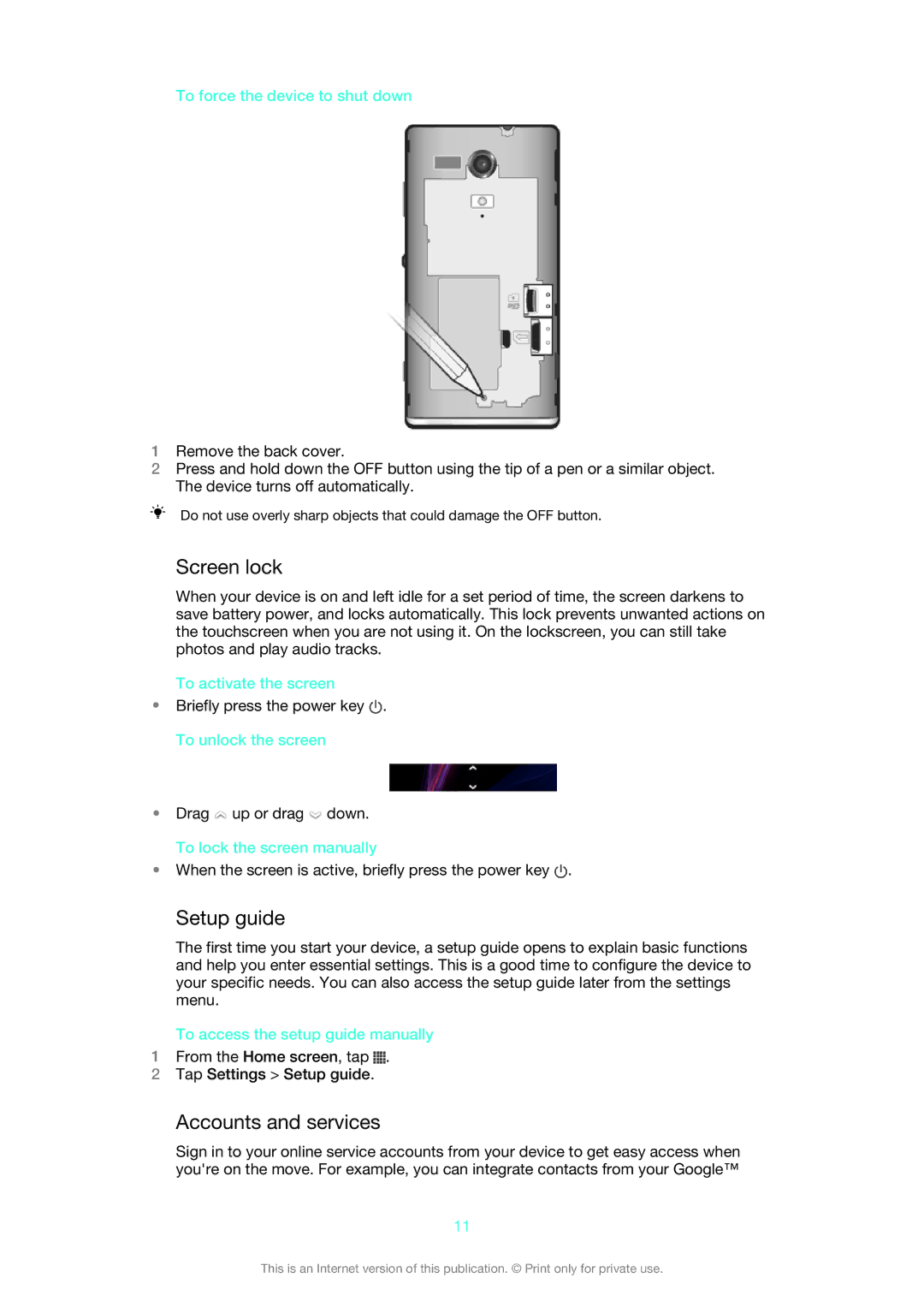 Sony 1271-4777, XSPC5306BK, 1271-4775, 1271-4771 manual Screen lock, Setup guide, Accounts and services 