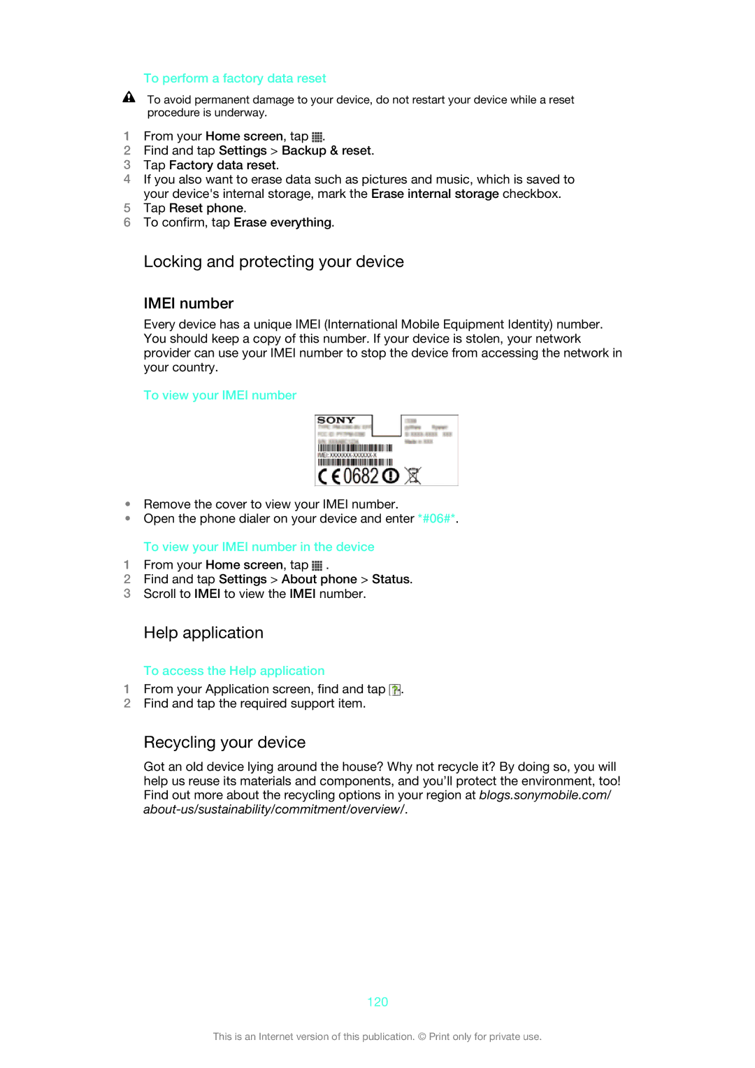 Sony XSPC5306BK, 1271-4775 manual Locking and protecting your device, Help application, Recycling your device, Imei number 